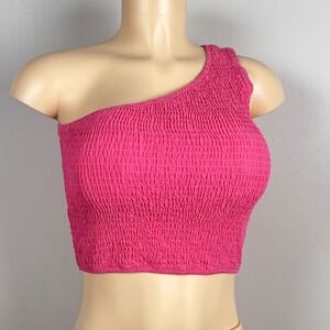 PRETTYGARDEN One Shoulder Crop Top Womens Small Smocked Textured Hot Pink Barbie
